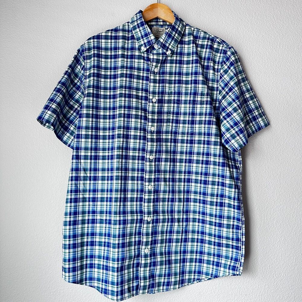 LL Bean Men's Button Shirt Traditional Fit Plaid Short Sleeve Blue Green Pocket